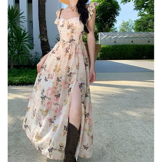 2024枯木逢春法式小飞袖印花连衣裙夏季自带胸垫长裙