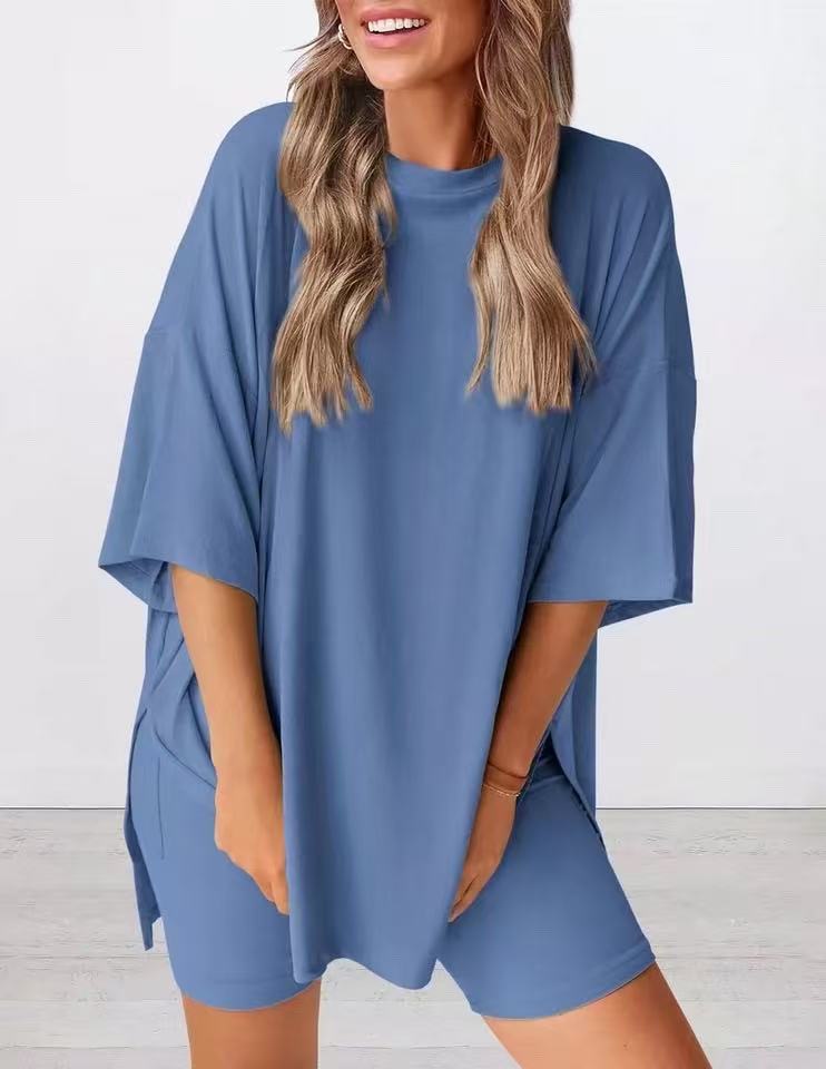 2025 Spring Summer European And American Cross-Border New Loose Fashion Solid Color Casual Short Sleeve Shorts_ecoleips.com