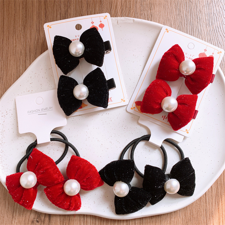 Children's red pearl plush cotton butterfly clip hair tie for girls, hair ribbon hairband set of 2 hair clips headband