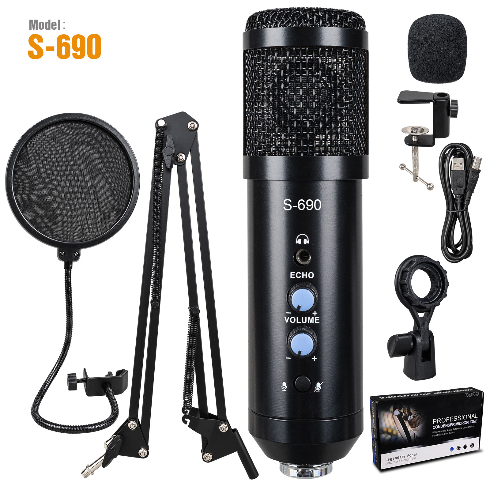 Cross-border supply USB condenser microphone computer live game competitive chat tape reverberation monitor microphone