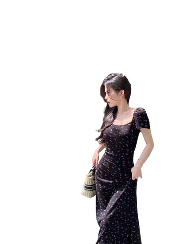 Black floral short-sleeved dress, summer dress, women's 2025 new style, medium and long slimming A-line dress with suspenders