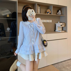 大码胖MM温柔甜美娃娃领衬衫女秋冬长袖系带荷叶边显瘦上衣