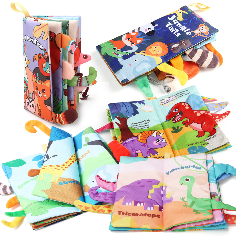 Educación infantil libro de tela tridimensional de cola no desgarrado con papel de resonancia BB juguetes de dinosaurios animales del bosque libro de tela bebé image 3