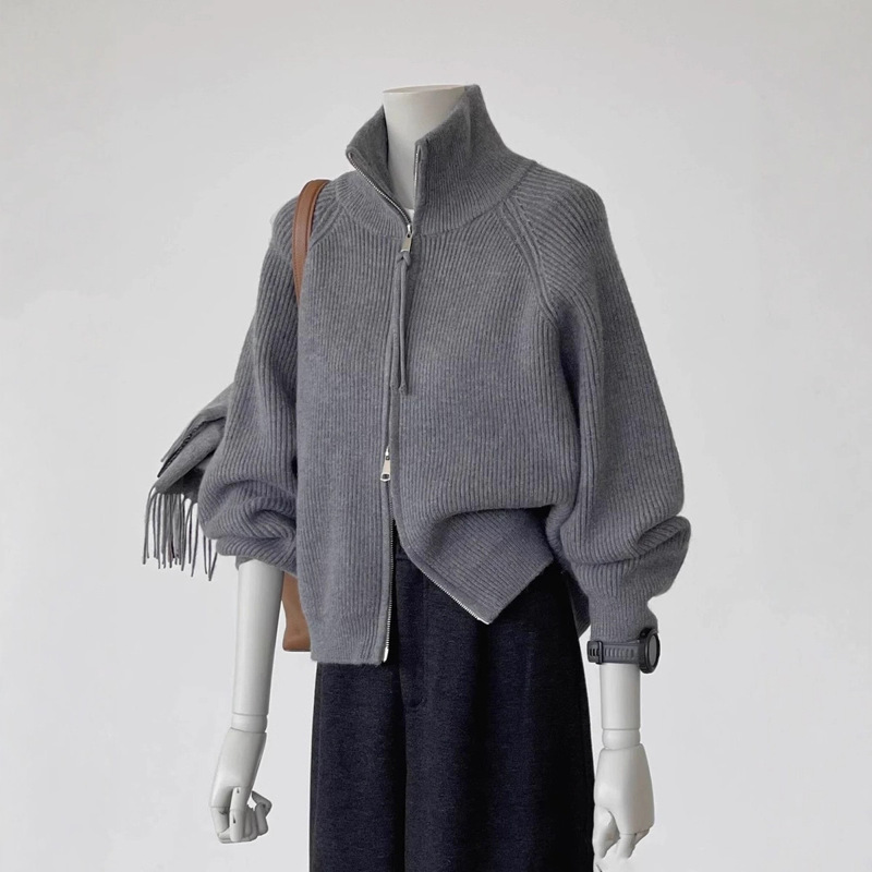 2025 Autumn/Winter Thick Stand Collar Solid Color Sweater Cardigan Jacket for Women Korean Style Casual Loose Knitwear Women's Clothing Z