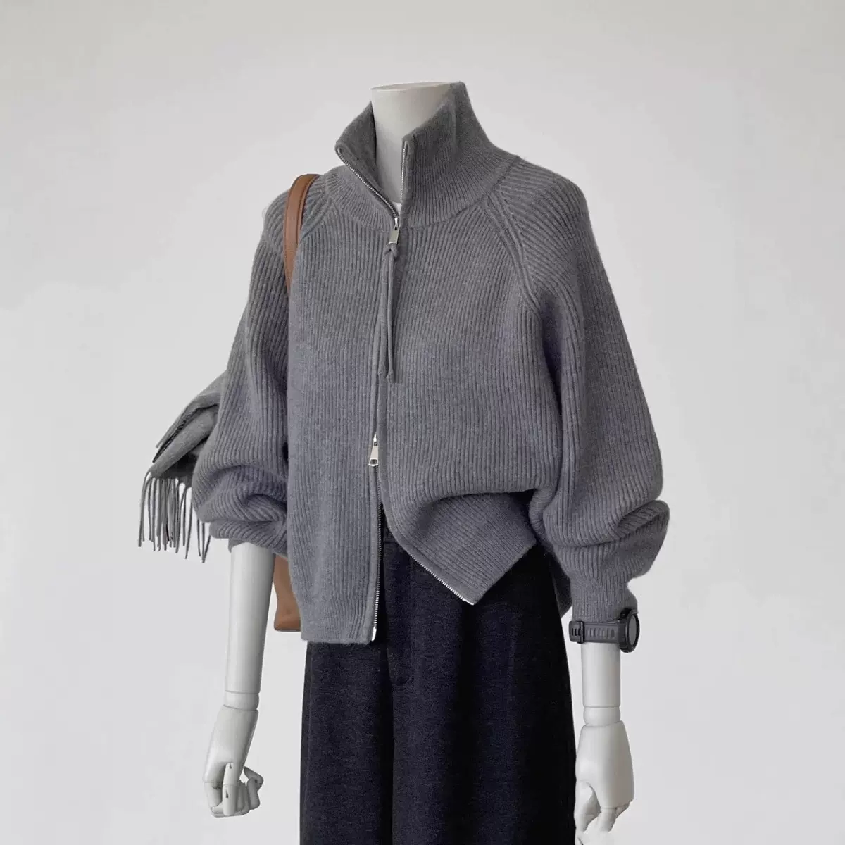 2025秋冬厚款立领纯色毛衣开衫外套女韩版休闲宽松针织衫女装上衣