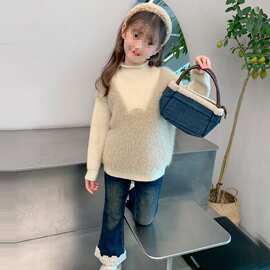 女童秋装毛衣2025新款儿童秋冬季加绒加厚假两件水貂绒针织打底衫