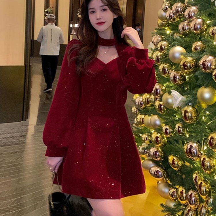 Christmas Red Dress for Women, New French Style, Slimming Winter Puffy Dress with a Sense of Design, Elegant Annual Meeting Short Dress