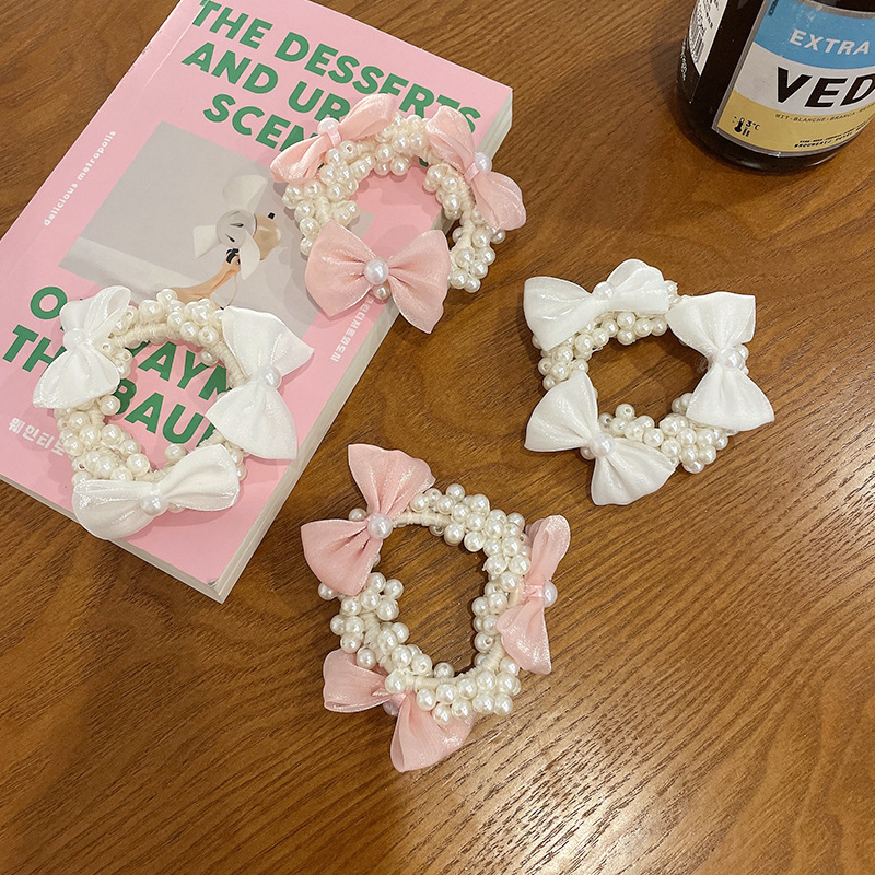 Summer New Arrival Bow Pearl Hair Ring Sweet Horsetail High Elastic Rubber Tendon Simple All-match Bracelet Dual-purpose Headwear