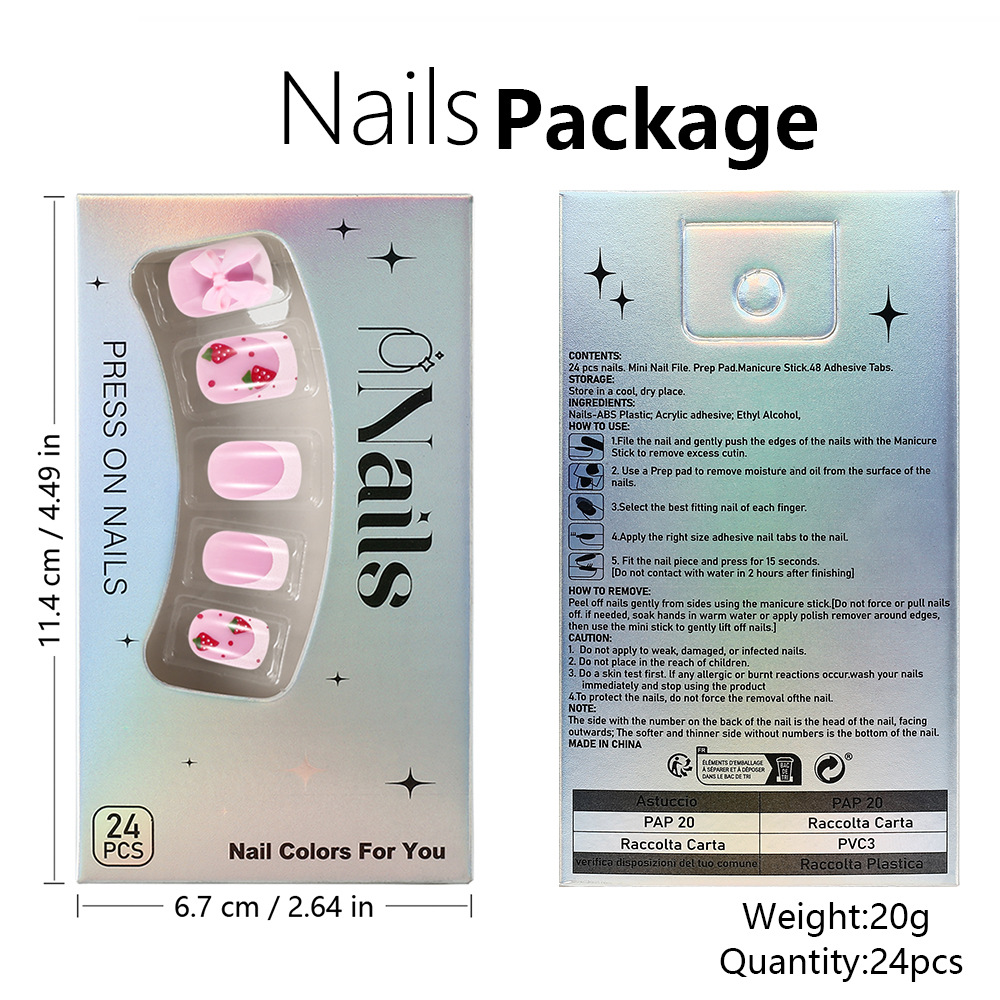 25g Weight press-on nails Nail Supplies Plastic Material Valentine'S Day Festival Knot, Strawberry, Butterfly, Bow Knot Pattern Valentine'S Day Knot Strawberry Butterfly Plastic Press-on Nails 无