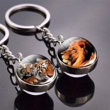 動物雙面玻璃球鑰匙扣 虎狼狐狸獅子馬月鑰匙扣掛件飾品 貨源