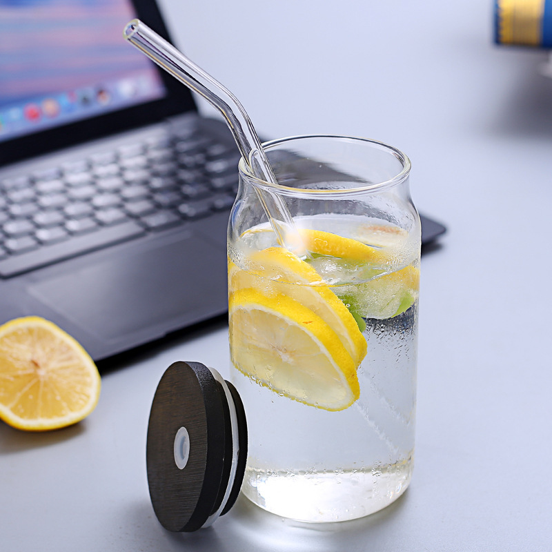 Vaso de vidrio con alto contenido de borosilicato Taza de paja Taza de bebida de jugo Taza de agua transparente de alta calidad Taza de lata de vidrio creativo