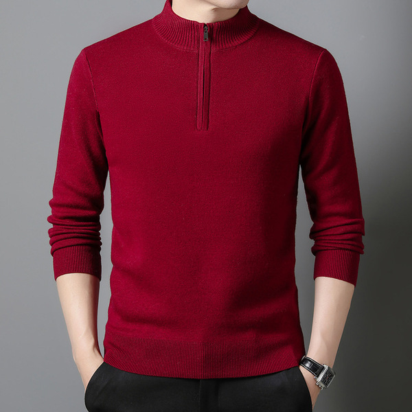 Woolen solid color sweater with zipper