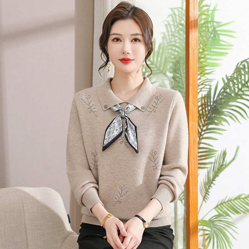 中老年女装时尚蝴蝶结翻领秋冬毛衣保暖一体绒针织衫休闲妈妈装，女装针织衫/毛衣，妃慕昵服饰