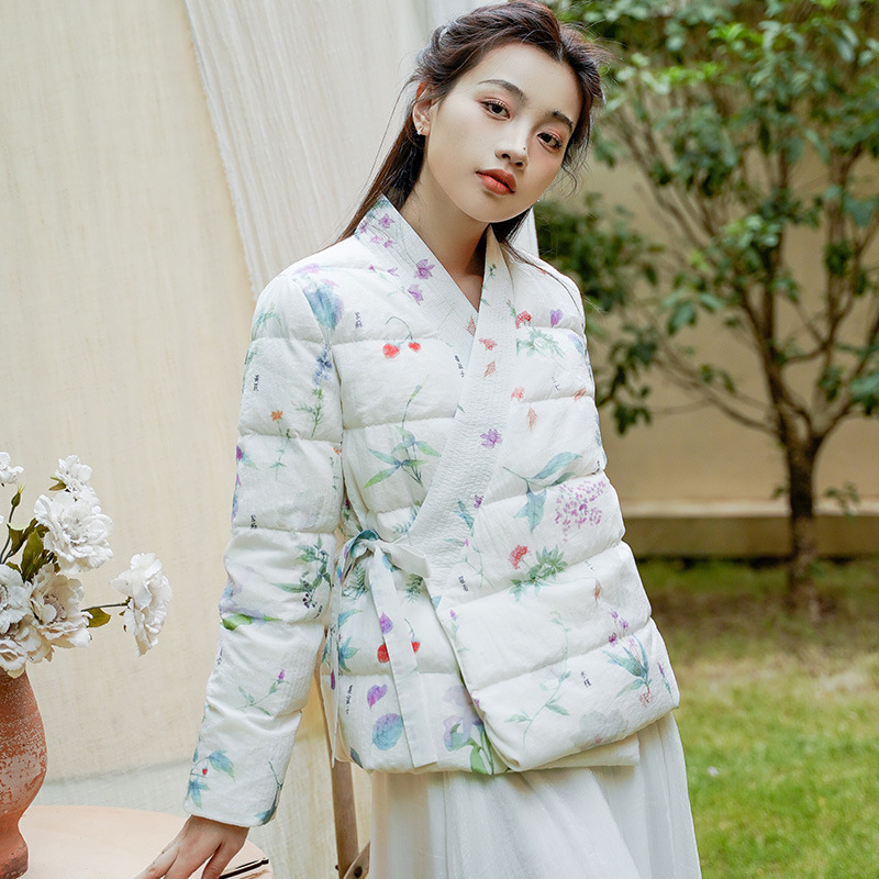 [Flower words] Daily girl retro Chinese style improved Han element 90 white duck down cross V-neck printed down jacket