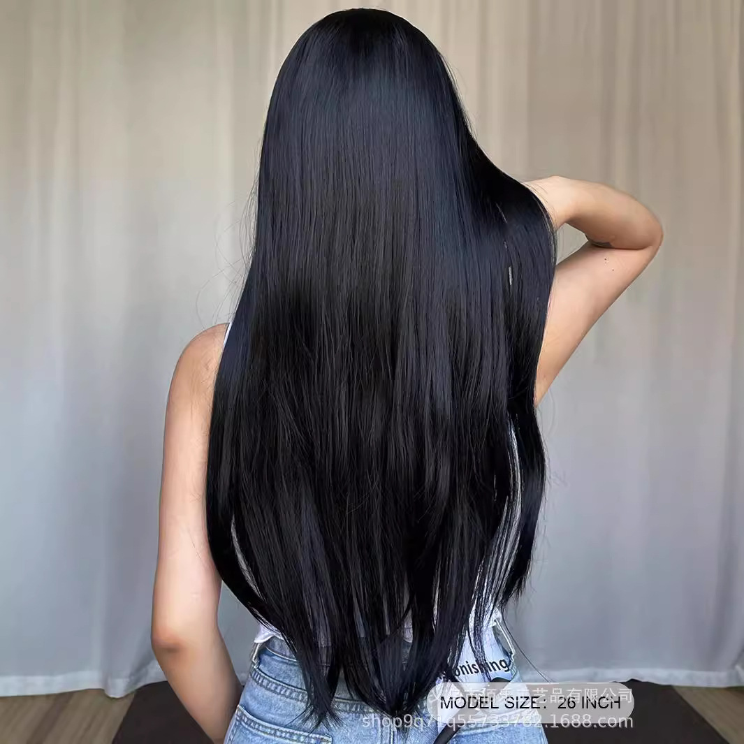 Peluca negra transfronteriza con raya al medio, cabello largo y liso, cobertura completa, suave y natural, red de rosas, pelucas en stock listas para envío del fabricante. image 5