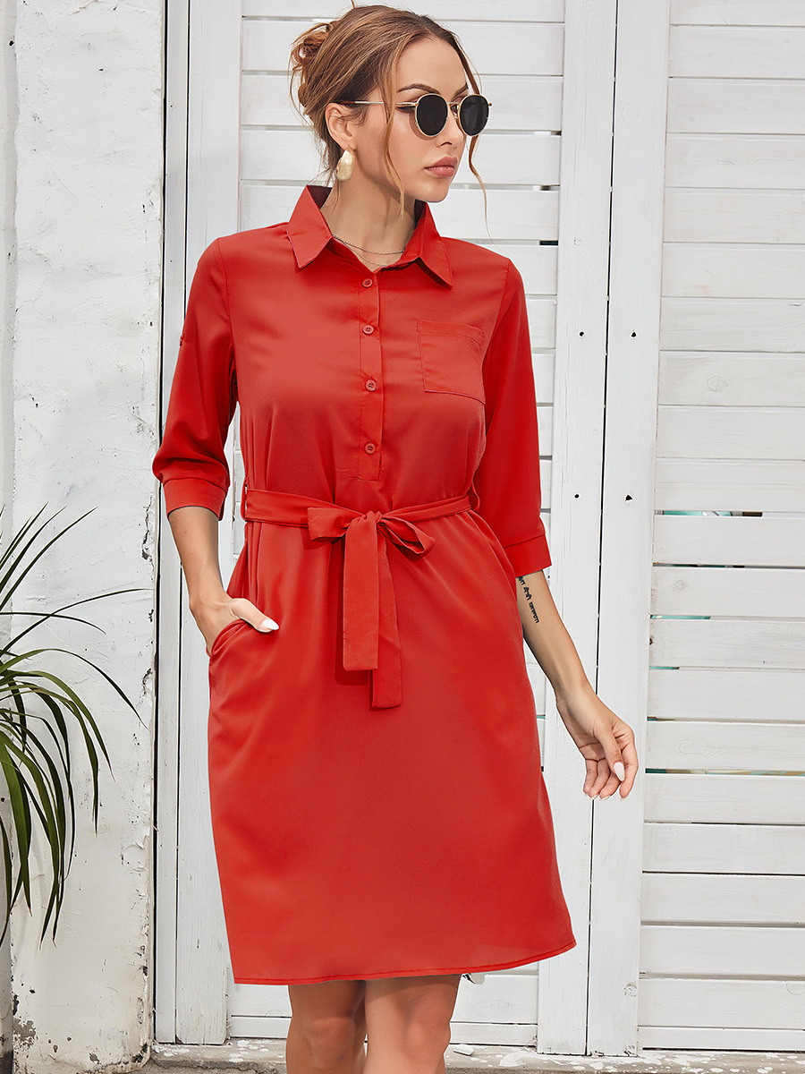 Belt Solid Color Shirt Dress NSAL48488