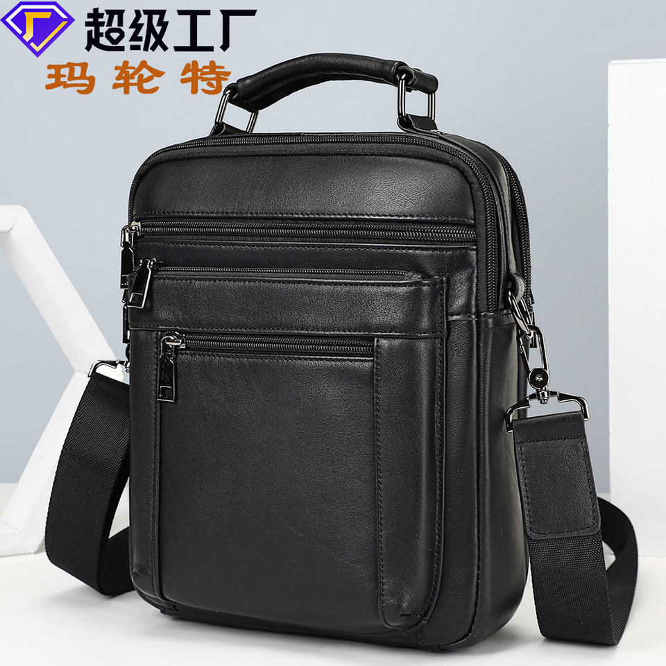 Túi đeo chéo nam da bò thật Marunte da bò lớp đầu tiên dung lượng lớn, đựng vừa iPad 9 inch — màu đen