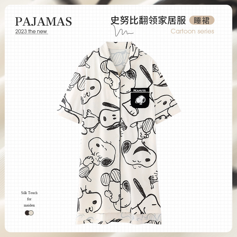 Snoopy Nightgown for Women, Summer Pure Cotton Short-Sleeve Sleepwear, Long Cute Style for Spring and Autumn, Maternity All-Cotton Summer Loungewear