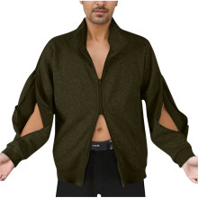 跨境新款男立领长袖拉链加绒卫衣外套简约袖子开袋纯色百搭外套