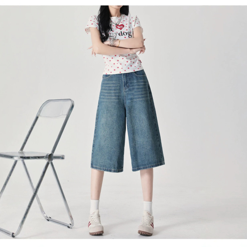 La Chapelle High-Waisted Cropped Wide-Leg Denim Shorts for Women, 2026 Summer New Style, Loose and Drapey Straight Mid-Length Pants, Trendy