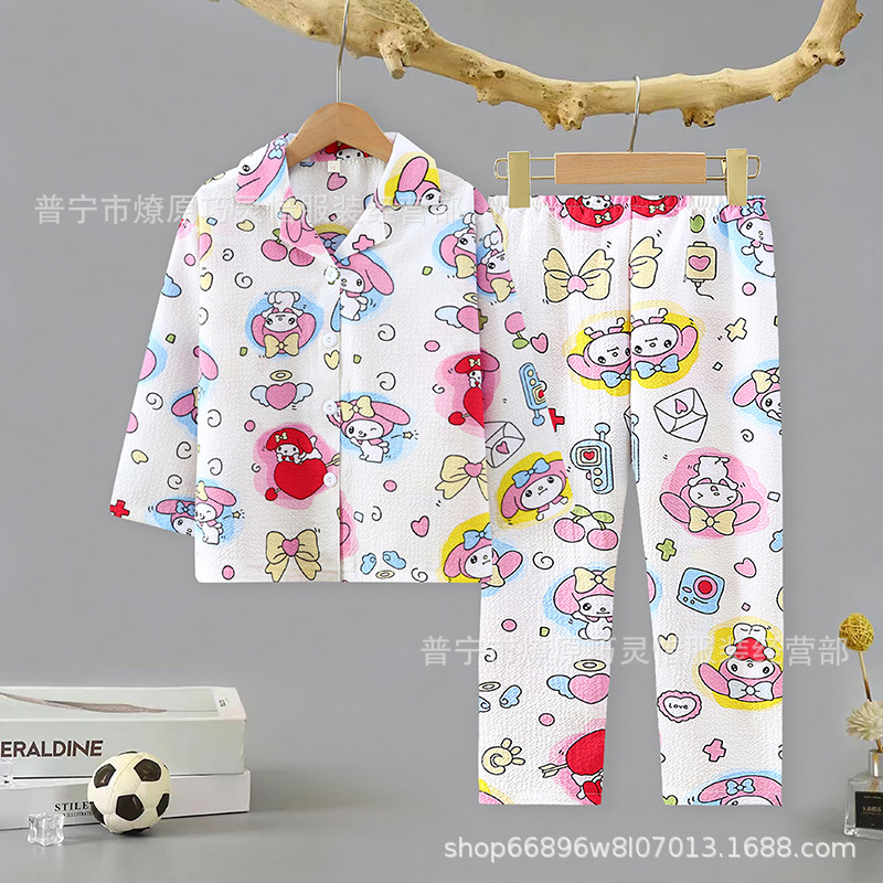 Pijama de niñas primavera y otoño dibujos animados tela espuma de tela delgada manga larga lindo ropa para niños de tamaño medio y grande ropa para el hogar