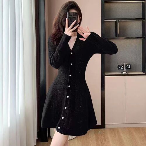 Autumn dress women's pullover mid-long waist knitted skirt autumn and winter knitted base shirt niche long-sleeved thick silk wool dress