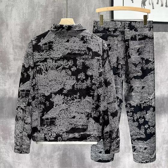 2025 Spring New American Style Retro Jacquard Denim suit Fashion Brand Men's Korean Style Slim Fit Workwear Lass Jacket Fashion