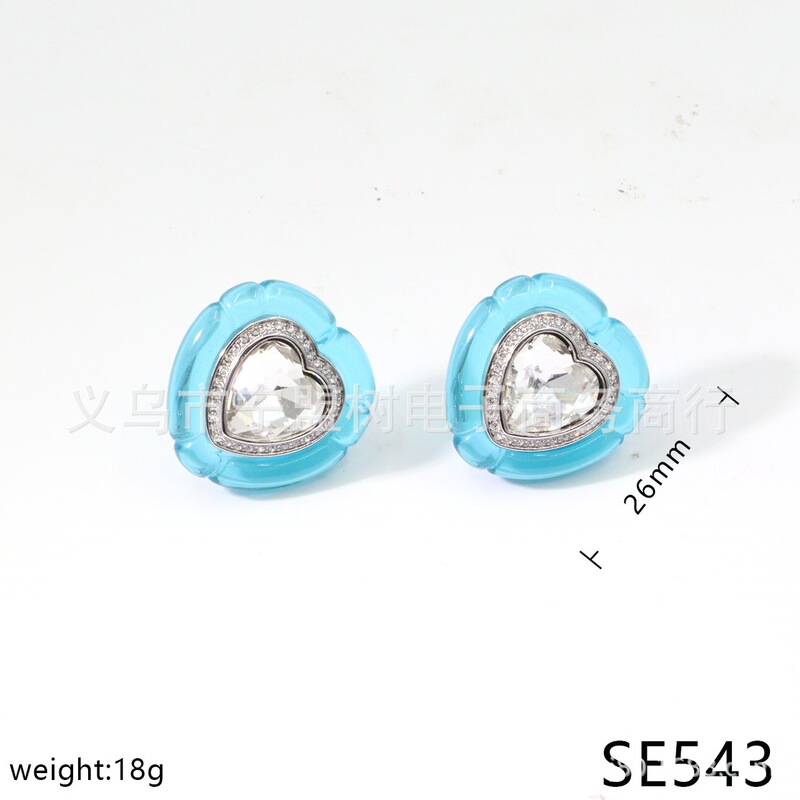 【新品】果冻爱心夹扣蓝色耳钉C字粉色耳钉蓝色红色爱心戒指套装|undefined