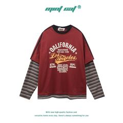 ミントCat 2025春の新商品はレトロな国潮の長袖の偽の2つのゆったりした長袖のtシャツを撮影します。