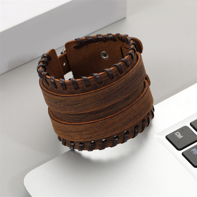 European and American Style Simple Men's Bracelet Double-layer Wide Leather Rivet Genuine Leather Bracelet Cross-border Men's Retro Bracelet