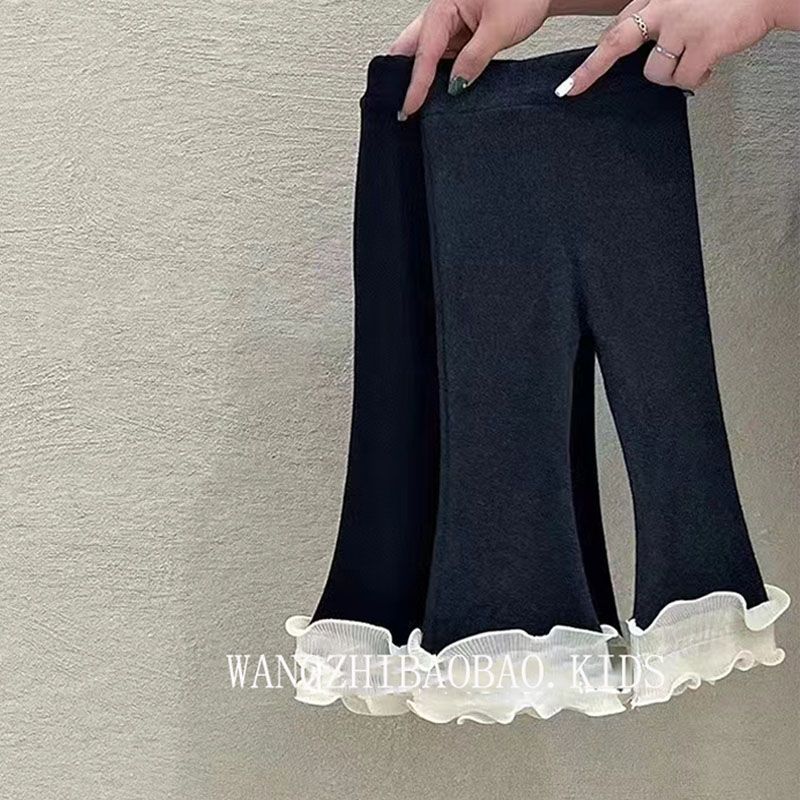 Tight Fit Slim Elastic Waist Leggings for Girls Stretch Black Ruffled Stitching Sweet Cute Children's Pants