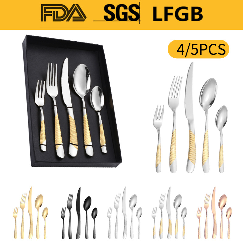 Amazon Tik Tok vajilla de acero inoxidable 4/5 piezas traje estrella diamante cuatro piezas principales caja de regalo cuchillo de comida occidental, tenedor y cuchara traje