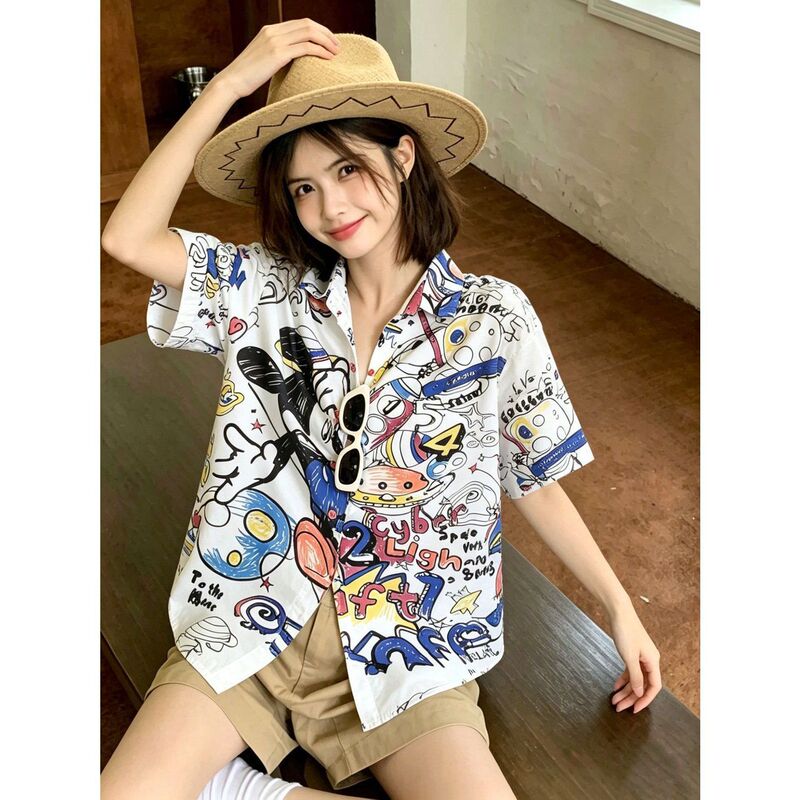 New Mickey Graffiti Short-Sleeved Shirt for Women, Hong Kong Style Loose Bf Style, Stylish and Cool Student Polo Shirt