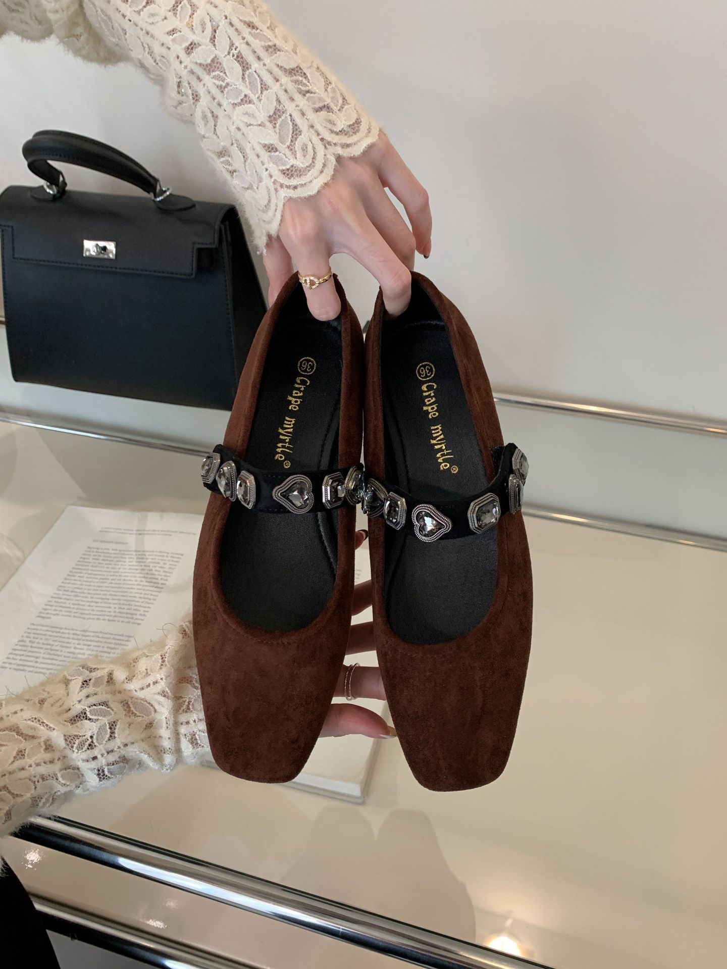 Grape Mom nicho de diseño temperamento cabeza cuadrada pequeña amor estampado de leopardo cinturón de diamantes coreano boca baja Mary Jane zapatos individuales mujer