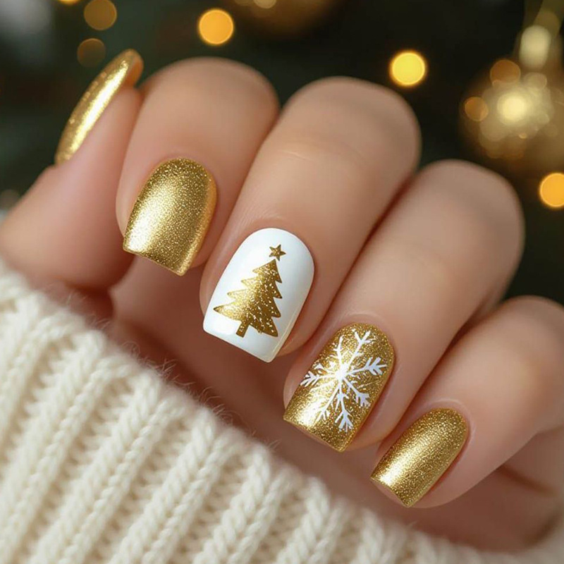 Christmas press-on nails, medium square shape, gold Christmas tree and snowflake glitter decoration design, detachable fake nails Christmas press-on nails, medium square shape, gold Christmas tree and snowflake glitter decoration design, detachable fake nails