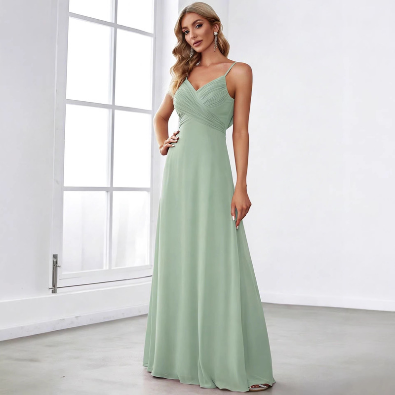 Cross-Border European and American 2026 New Amazon Solid Color Deep V-Neck Sleeveless Front Pleated Chiffon Strap Dress for Women
