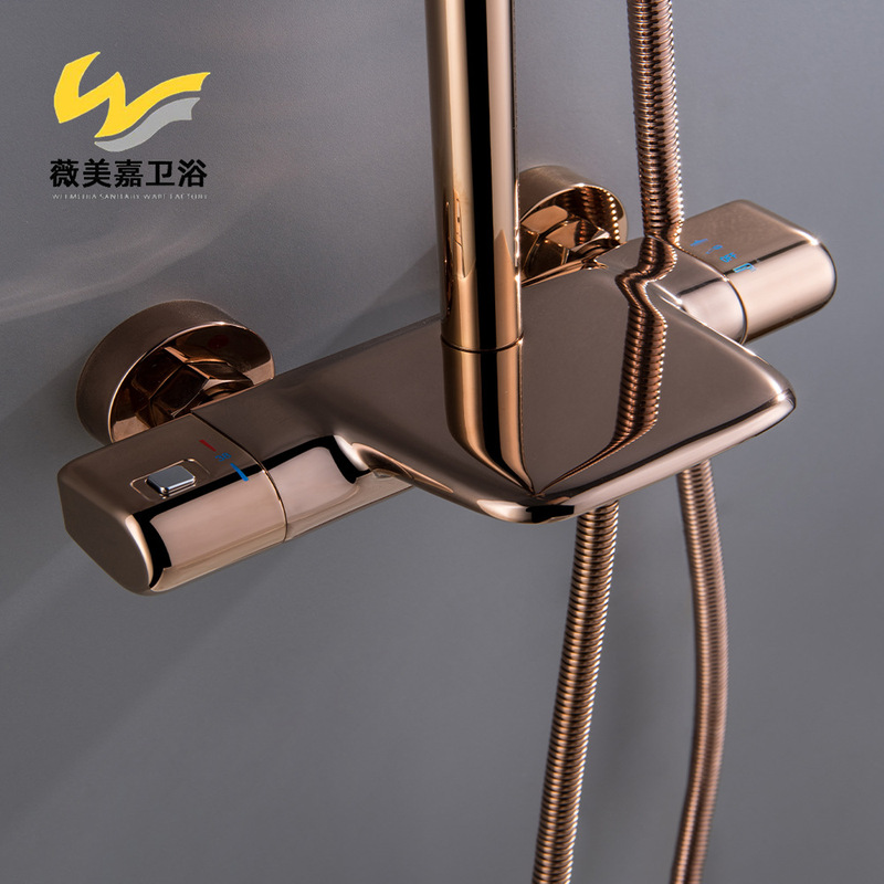 Customized Accessible Luxury All-Copper Brushed Gold Constant Temperature Waterfall Shower Faucet Set Large Shower Shower Mixing Valve Faucet