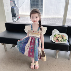 2024新款童裝女童連衣裙夏款中小童哈尼公主民族風飛袖漢服裙子潮