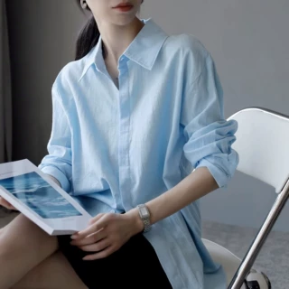 法式宽松亚麻衬衫女长袖通勤百搭蓝色棉麻防晒衬衣简约高级感