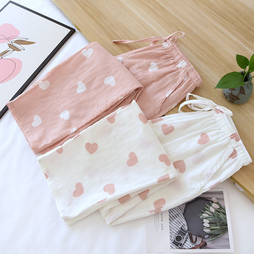 Women's Seasonal Thin Cotton Double Gauze Pajama Pants with Side Pockets, Wearable Outside, Home Pants, Thin Air Conditioning Pants