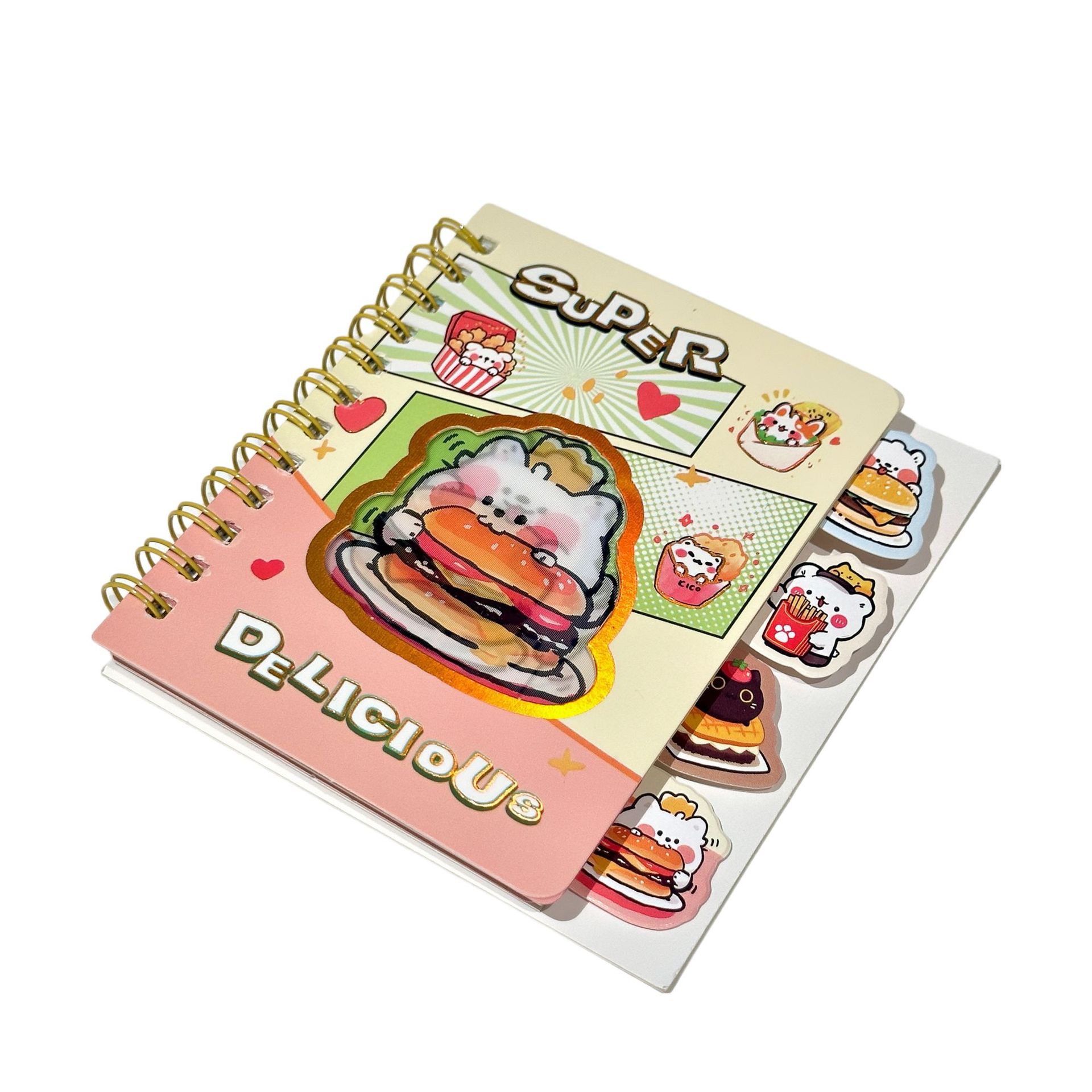 Libro de bobina de clasificación de rejilla de conejo A7 Libro de ventana creativa de conejo de hamburguesa súper delicioso Papelería de aprendizaje para estudiantes de primaria