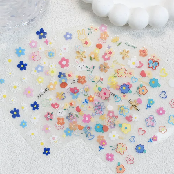 Ins Girly Heart 3D Watermark Flower Self-Adhesive Nail Art Sticker Sweet Cool Forest Rainbow Cloud Floral Decal