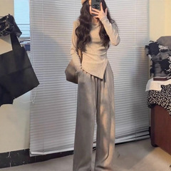 韩版收腰休闲秋款修身时尚上衣显瘦套装新款不规则直筒T恤两件套