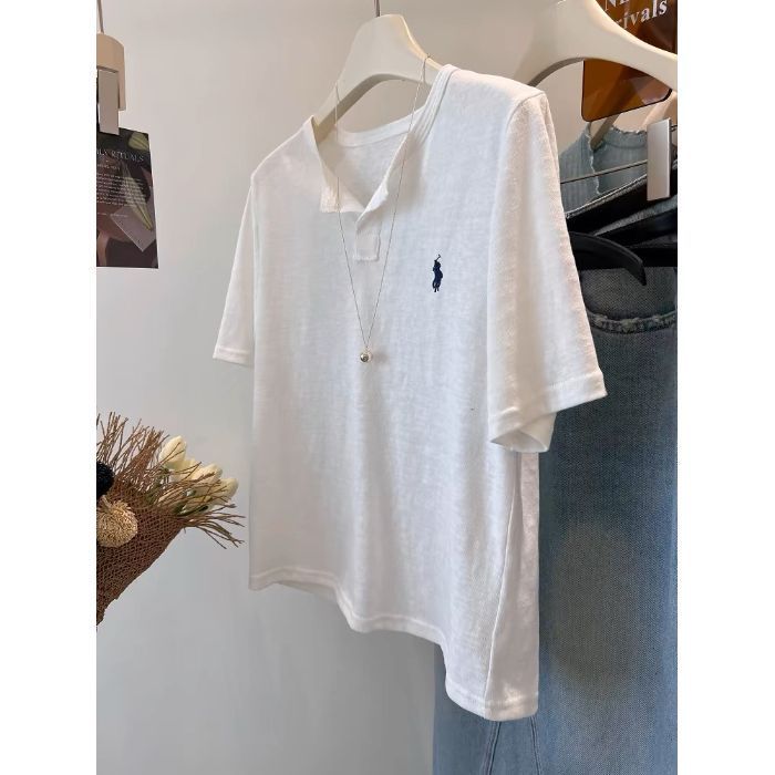 特大サイズ 120kg ポニー刺繍ハーフボタンポロシャツ半袖 Tシャツレディース夏万能ルーズ V ネックトップ|undefined