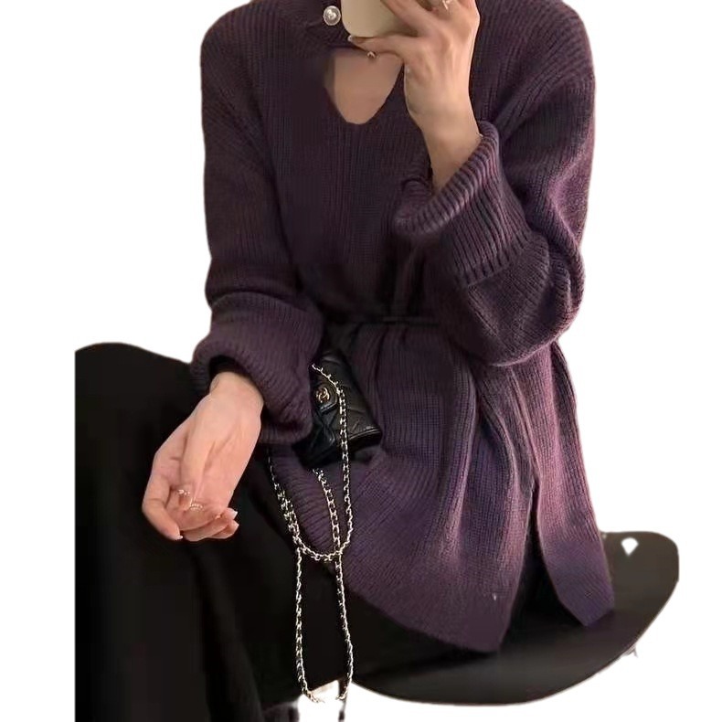 Sexy und sorgfältig maschinell ausgehöhlter Pullover für Damen, neues Temperament im koreanischen Stil, High-End-Gefühl, Schnürung in der Taille_voghion.com