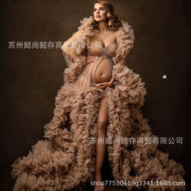 新娘舞会礼服孕妇褶皱晚礼服透明孕妇晚礼服照片拍摄欧美大码热销