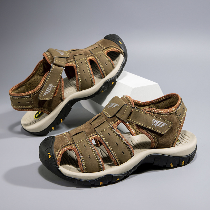 Summer Men's Sandals First Layer Cowhide Casual Outdoor Beach Shoes Cross-Border Large Size Breathable Velcro Toe Sandals