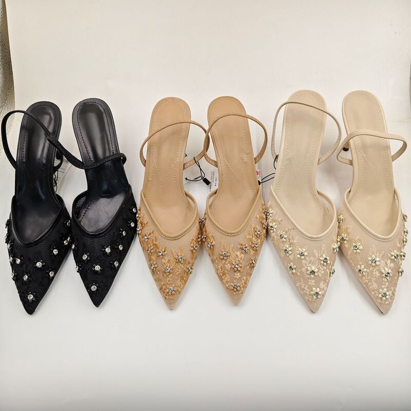 ZA2026 New French Fashion Women's Shoes Fairy Style Closed-Toe Mesh Sandals High Heels Beaded Women's Shoes ZA2026 New French Fashion Women's Shoes Fairy Style Closed-Toe Mesh Sandals High Heels Beaded Women's Shoes