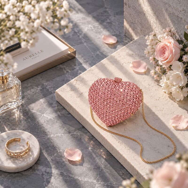 Three-dimensional pink heart-shaped design, fully encrusted with diamonds, romantic and luxurious style, perfect for parties, cocktail events, and evening gatherings