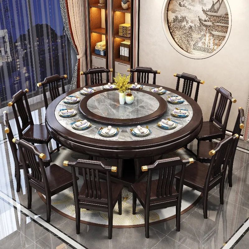 新中式餐桌圆桌实木岩板餐椅电动转盘电磁炉上档次客厅豪华桌